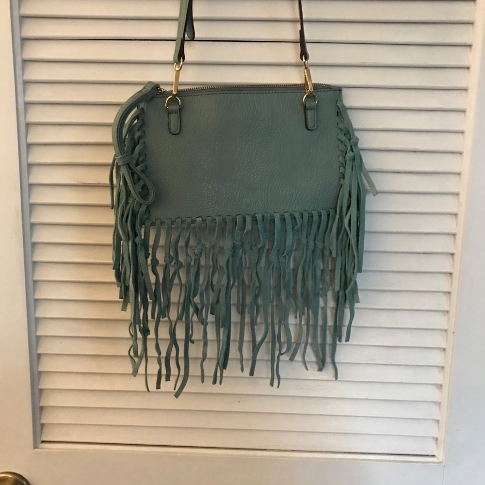 Aqua Leather and Fringe Clutch Purse